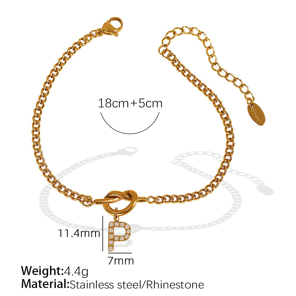 1 pièce Simple Series Simple Lettre P Bracelet à breloques pour femme en acier inoxydable plaqué or 18 carats avec strass h5 